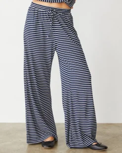 MONROW Stripe Jersey Wide Leg Pant NAVYSTRIPE Outlet